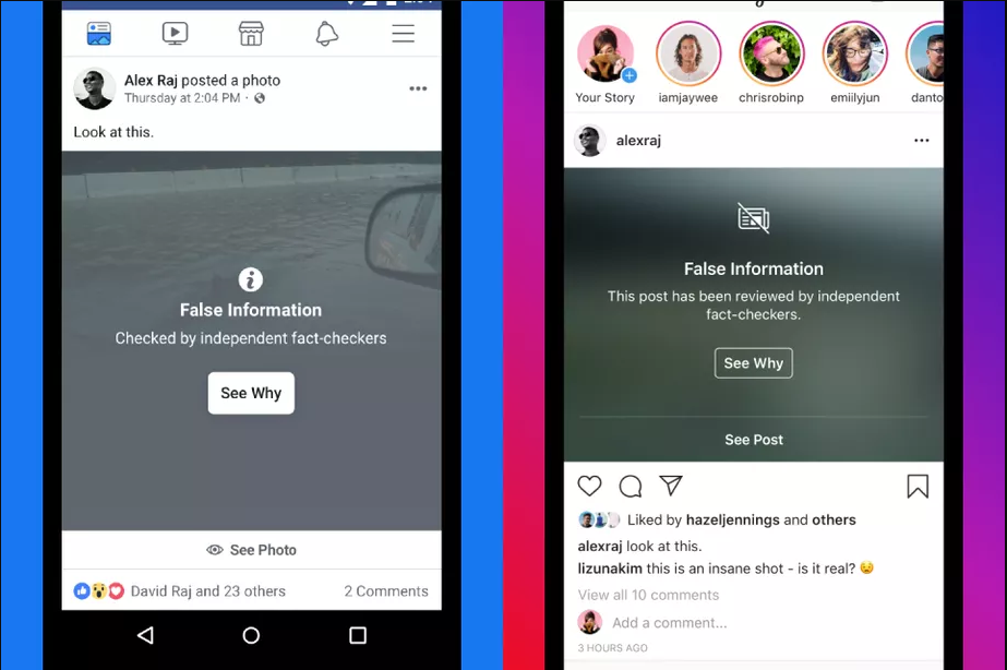 Facebook and Instagram false information screenshot